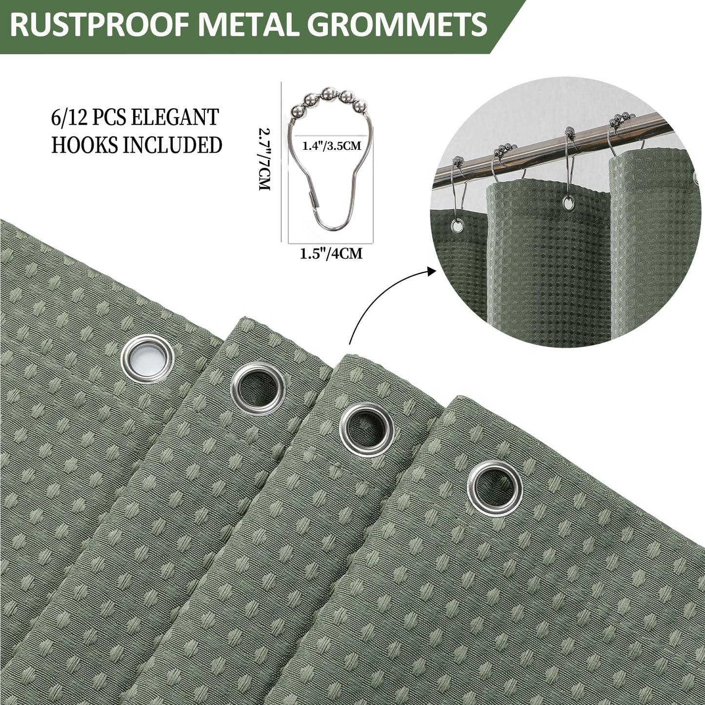 FY&XZH Heavy-Duty Waffle Weave Shower Curtain with Stainless Steel Hooks, Thick Fabric for Bathroom, Hotel, Spa & Salon-153 x 183cm (Green)