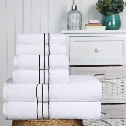 Superior 6 Piece Long-Staple Combed Cotton 900 Gram Towel Set, White with Black Border