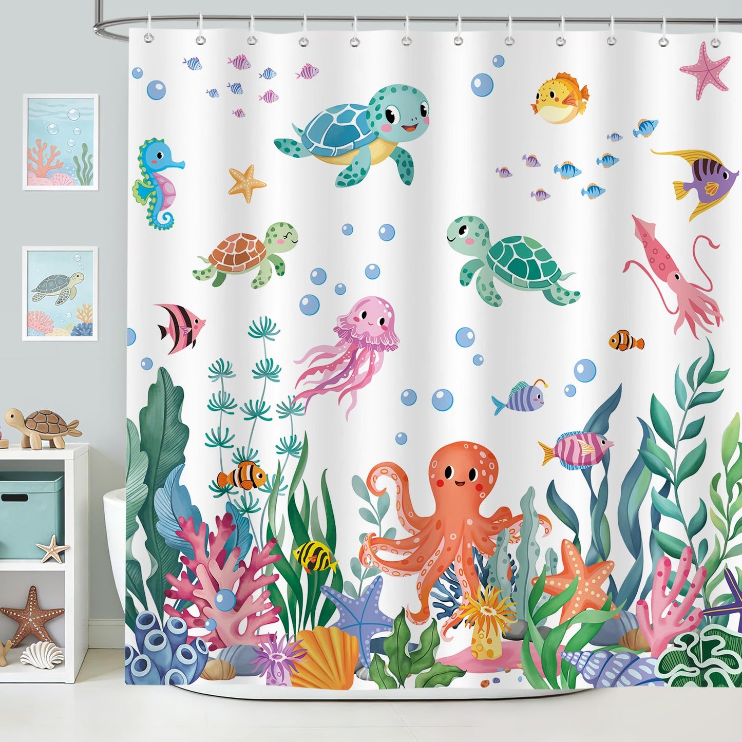 hometerixx Kids Beach Ocean Turtle Jellyfish Coral Shower Curtain 72X72Inch