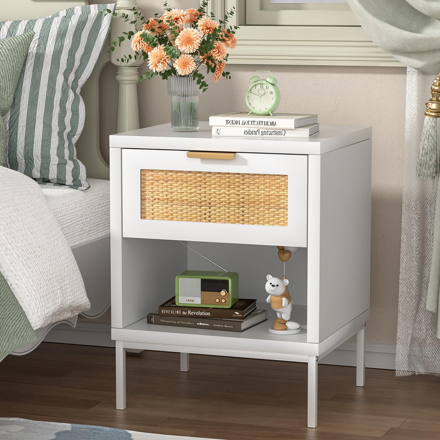 Skokliz Bedside Tables Set of 2, Rattan Bed Side Table for Bedroom with Drawer & Open Shelf, Wood Nightstand, White Bedside Cabinets for Living Room