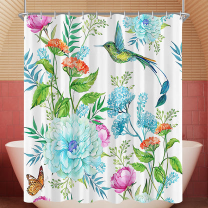 Lerores Shower Curtain, 180 x 200 cm, Flowers, Birds, Weighted Hem, Anti-Mould, Water-Repellent