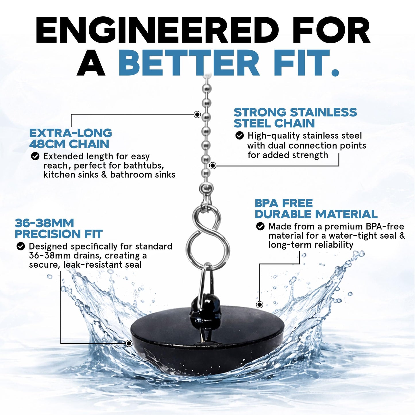 Smith’s® (44.5mm-45mm) Black Plug & Chain - Bathtub, Bathroom, & Kitchen Sink Plug | 48cm Strong Stainless Steel Ball Chain With S-Hooks