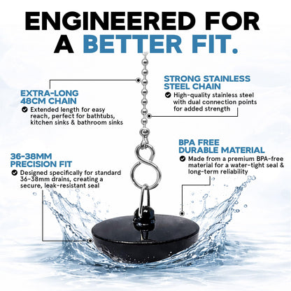 Smith’s® (44.5mm-45mm) Black Plug & Chain - Bathtub, Bathroom, & Kitchen Sink Plug | 48cm Strong Stainless Steel Ball Chain With S-Hooks