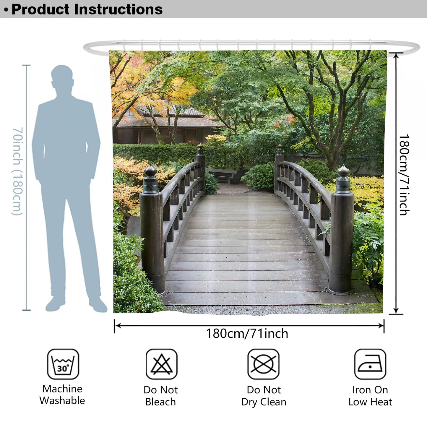 Newhomestyle Wooden Bridge Outdoor Garden Shower Curtain, Quick-Drying Waterproof Outdoor Garden Decoration, Summer Autumn Bath Curtain with 12 Hooks