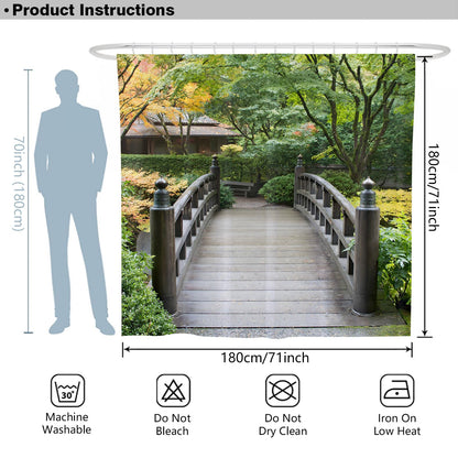 Newhomestyle Wooden Bridge Outdoor Garden Shower Curtain, Quick-Drying Waterproof Outdoor Garden Decoration, Summer Autumn Bath Curtain with 12 Hooks