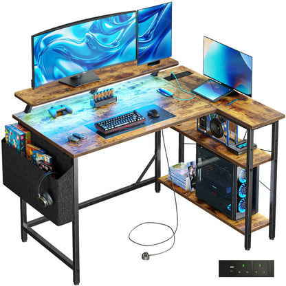 DOMSHOCT L Shaped Gaming Desk with LED Lights & Power Outlets, 100 * 80cm Small Corner Computer Table with Storage Bag & Adjustable Shelves & Large