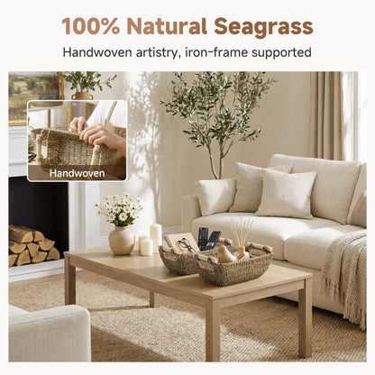 StorageWorks Wicker Storage Baskets for Shelves, Seagrass Shelf Storage Basket, Woven Box Organiser with Wooden Handles