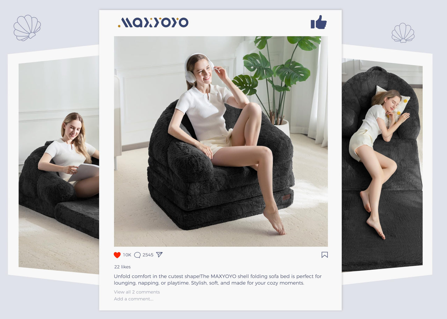 MAXYOYO Single Sofa Bed, Folding Bean Bag Chair, Faux Fur Fabric