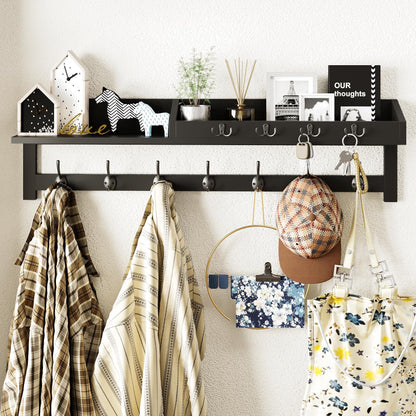 AMBIRD 89cm Wall-Mounted Coat Rack, Large Coat Hanger, Entryway Shelf with 7 Dual Hooks and 4 Key Hooks, Mail Organiser, Wooden Key Holder (Black)