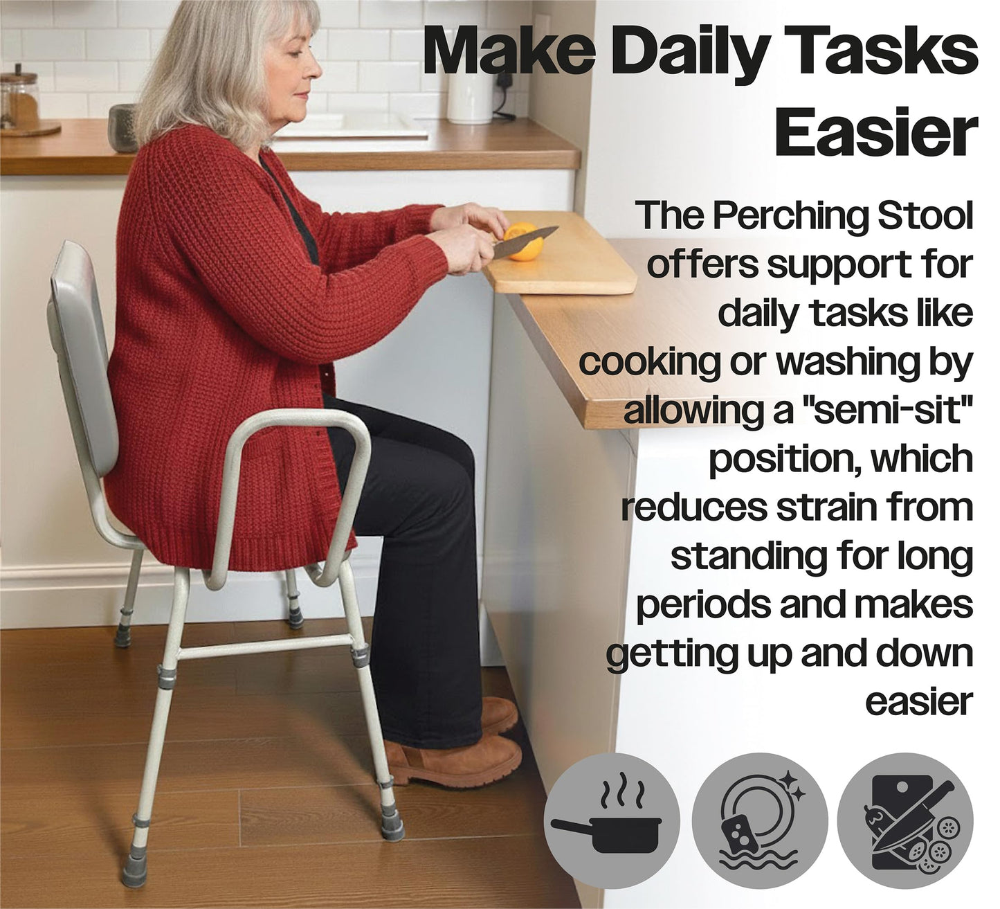 Aidapt 4in1 Bariatric Perching Stool. Padded Back Extra Wide Seat, Height Adjustable,254kg Weight Limit
