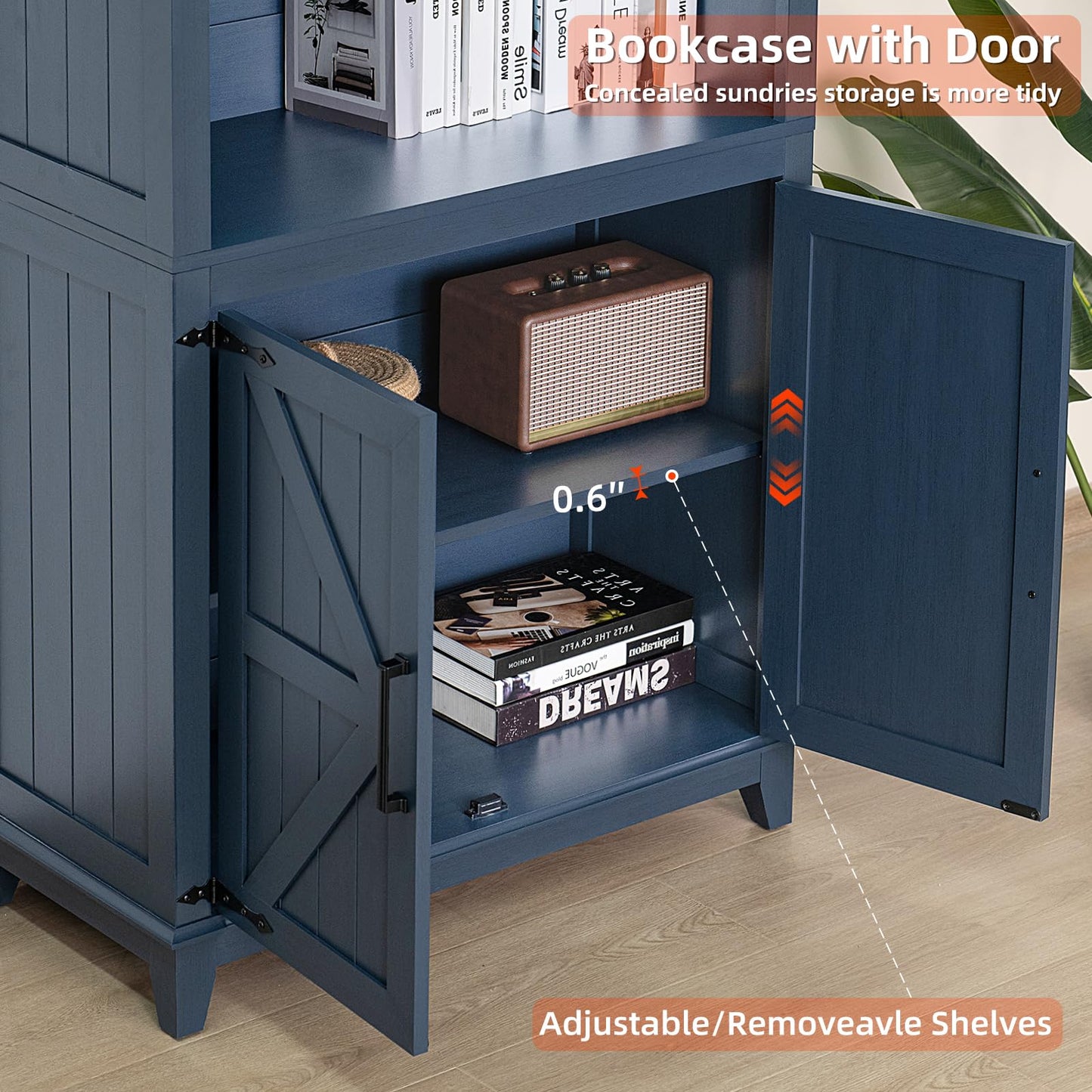 LELELINKY 70in Tall Bookshelf 5 Tier Bookcase with Barn Doors and Adjustable Shelves, Blue Farmhouse Book Shelf with Storage Cabinet