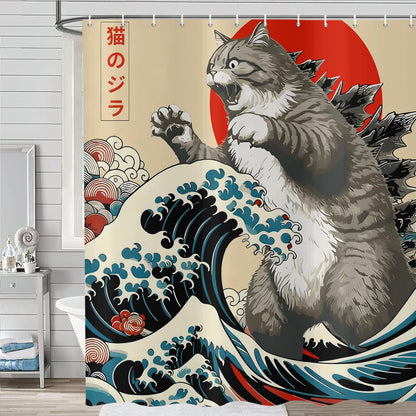 ASDCXZ Japanese Cat Shower Curtain 180x200 cm, Vintage Funny Japan Anime Cat Sun Wave Kids Animal Waterproof Bath Curtain Polyester Textile Washable