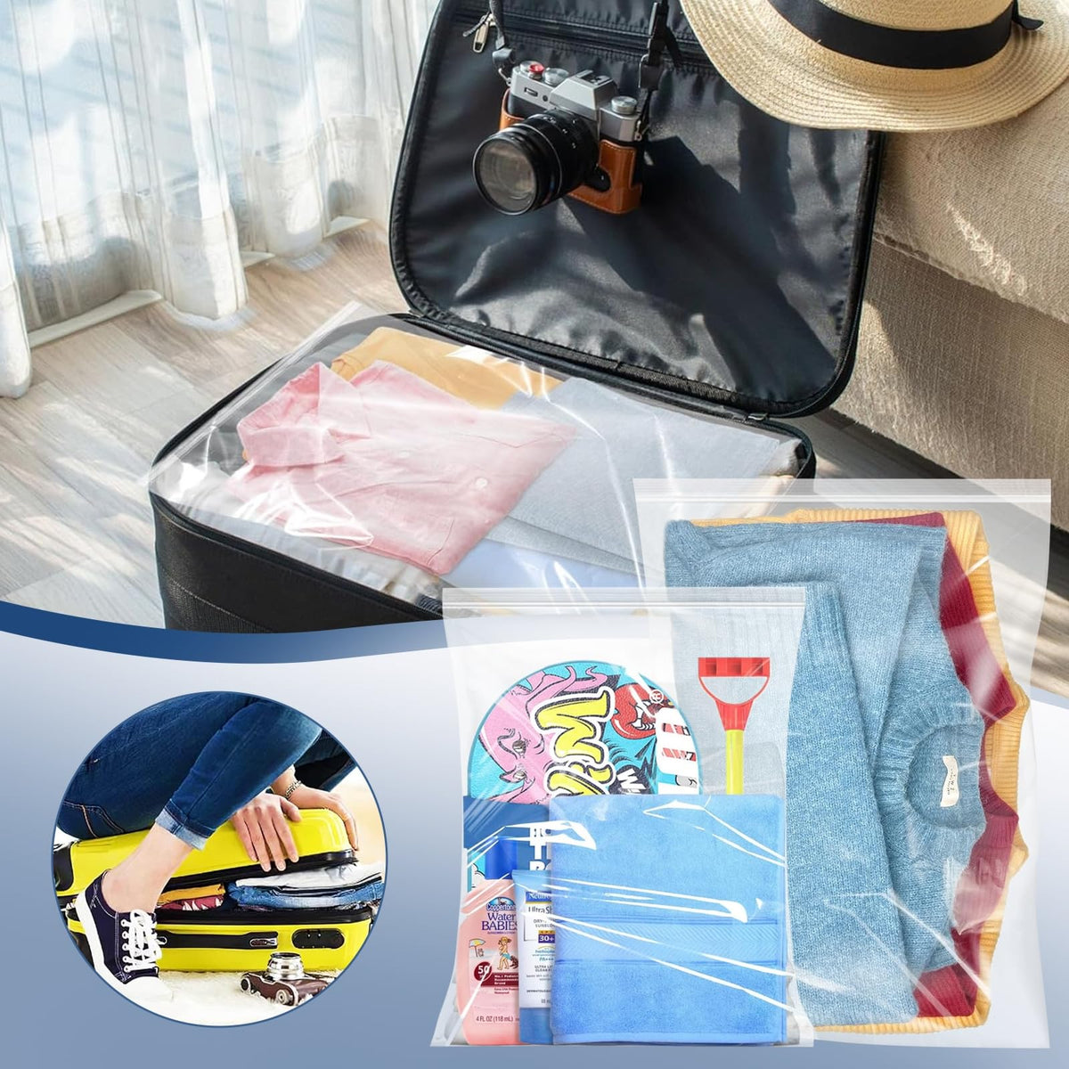 25PCS Reusable Large Travel Clothes Bags Plastic Hospital Bags, Waterproof Ziplock Bag Transparent Large Storage Organiser for Clothes Luggage
