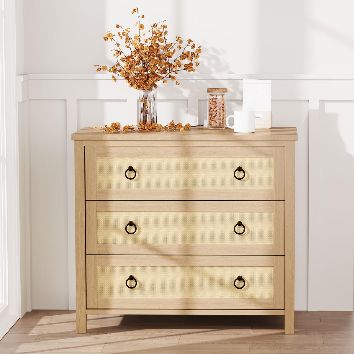 Crevyteg Natural Rattan Weave Dresser with Multiple Drawers, Sturdy Engineered Wood Storage Chest for Bedroom Living Room Nursery Hallway Organization