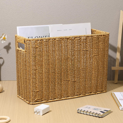 Alipis Wicker Magazine Basket Plastic Rattan Weave Basket Stair Basket Narrow Magazine Holder Newspaper Rack Skinny Storage Bin Organizer Laundry