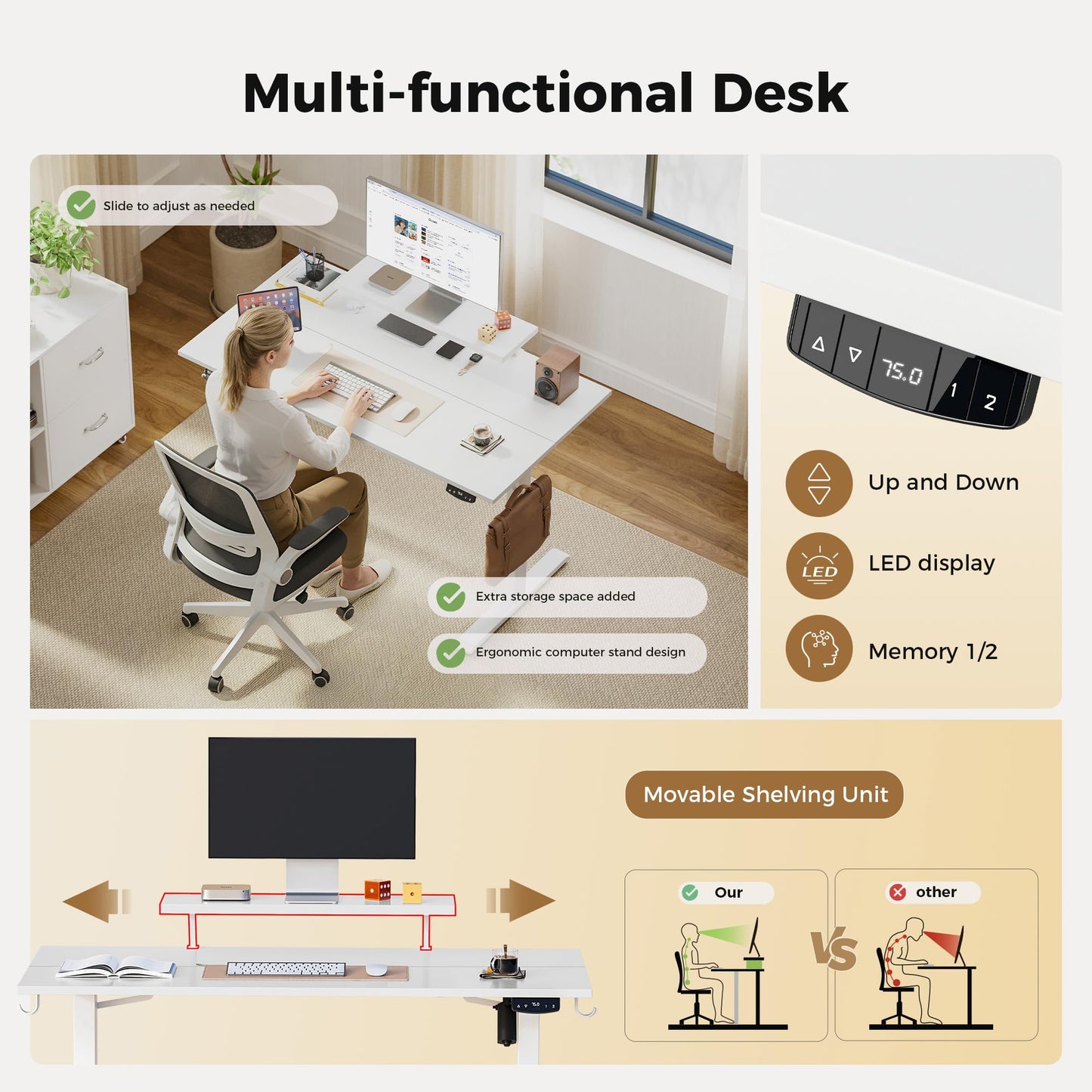 Agilestic Eletric Height Adjustable Desk, Movable Monitorstand, 100x60cm