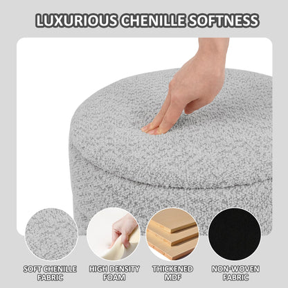 PINPLUS Round Chenille Storage Ottoman, Tray Top, 39x39x37 cm, Silver Grey