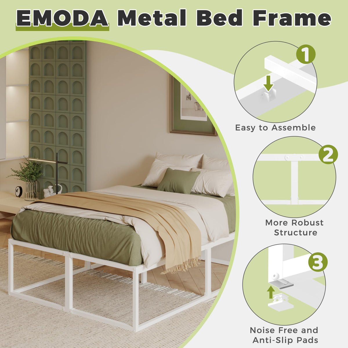 EMODA Super King Bed Frame 180x200 cm with Sturdy Slats Support, White