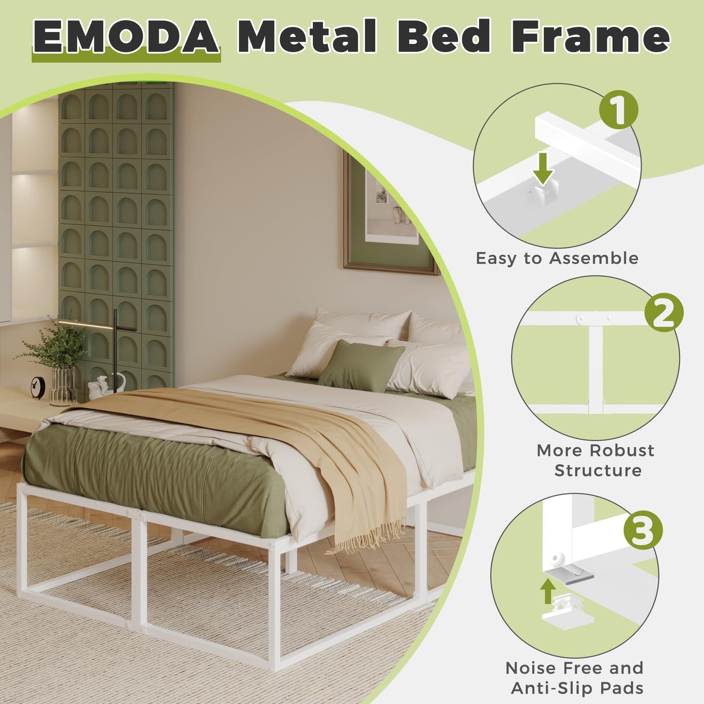 EMODA Small Double Bed Frame 4ft with Sturdy Slats Support, White