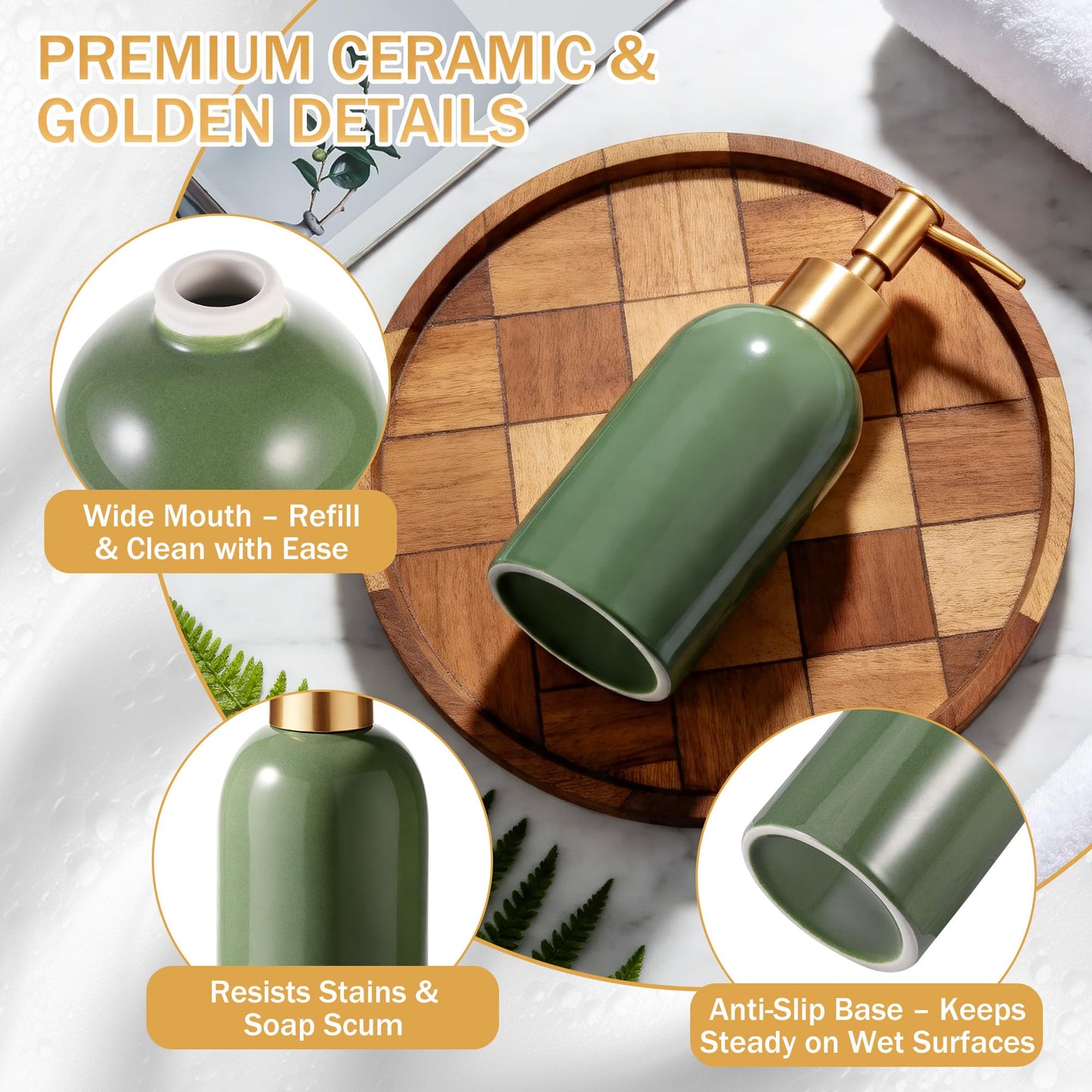 Hejo 350ml Ceramic Soap Dispenser with Matte Gold Pump, Refillable Liquid Hand Wash Soap Dispenser for Laundry Room, Bathroom & Kitchen (Green)