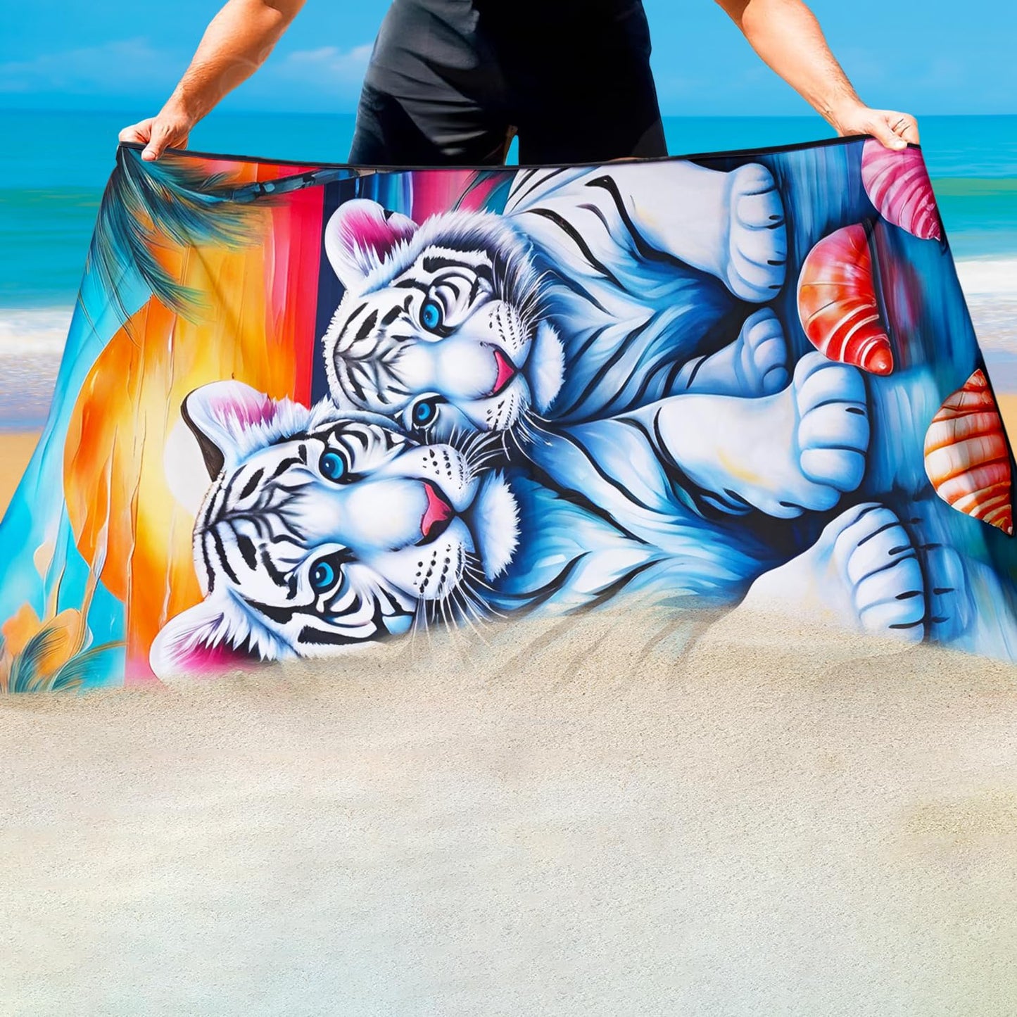 Violetpos White Tiger & Shells Beach Towel, Extra Large 180x90 cm 250GSM Microfibre, Sand Free Quick Dry