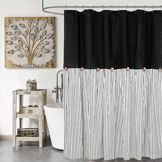 DOSLY ID?ES Farmhouse Shower Curtain with Black, Linen Cotton, Decorative Buttons, Black Stripes, Pleated, 71 x 71 inches (180 x 180 cm)