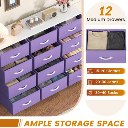GoaHi Chest of Drawers with 12 Drawers,Bedroom Drawers, Fabric Dresser with Wood Top,Drawer Storage Unit for Bedroom, Living room,Purple