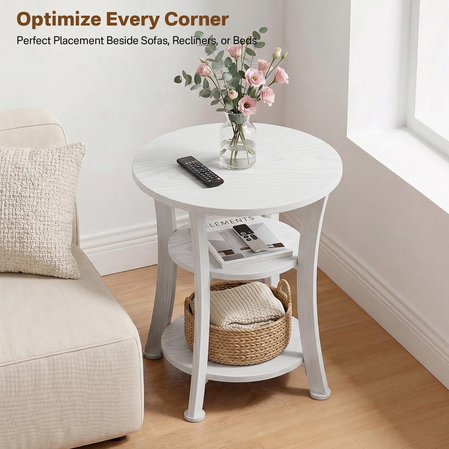 Yuede Round End Table, 3 Tier Side Table with Storage, Farmhouse Wood Side Table, Vintage Sofa Bedside Table Coffee Table for Bedroom Living Room