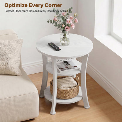 Yuede Round End Table, 3 Tier Side Table with Storage, Farmhouse Wood Side Table, Vintage Sofa Bedside Table Coffee Table for Bedroom Living Room