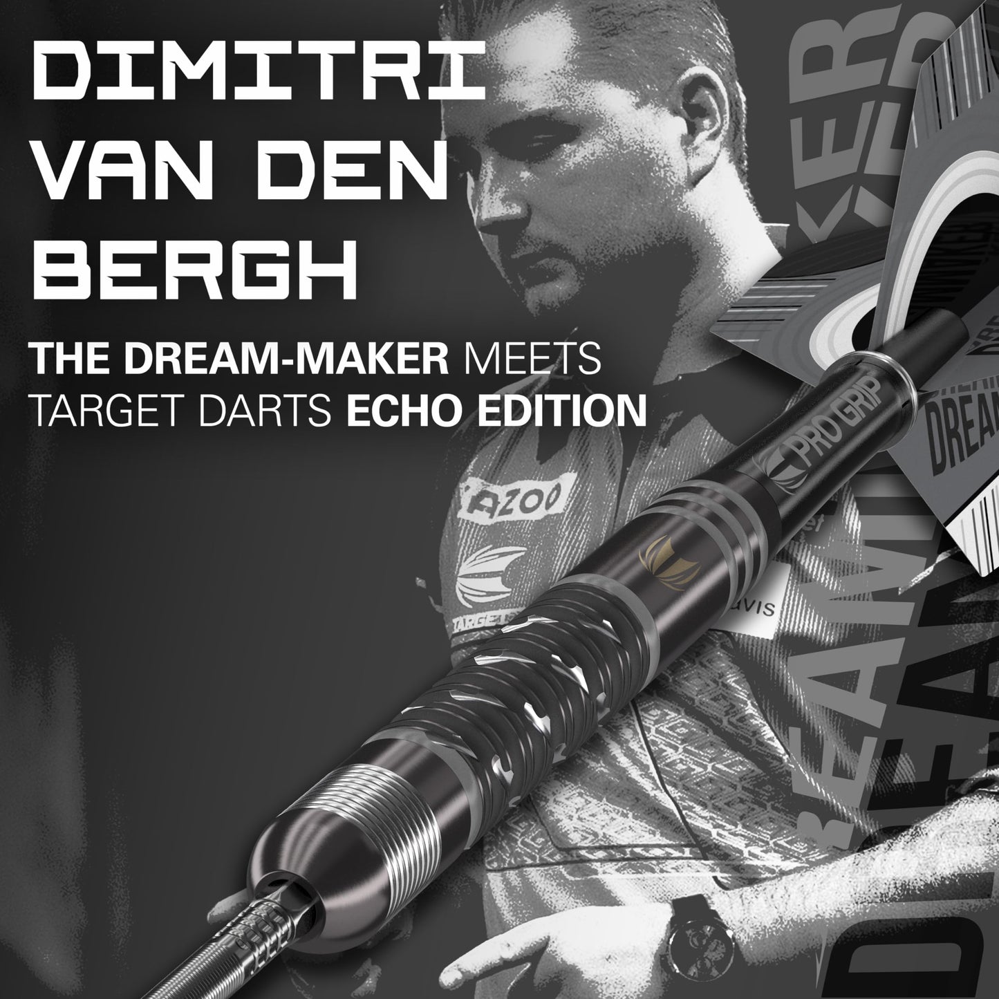 TARGET Darts Dimitri Van Den Bergh x ECHO 90% Tungsten Steel Tip Darts Set ? 23g Steel Tip Dart Set, Swiss Point Darts, SP Tool Included, Player