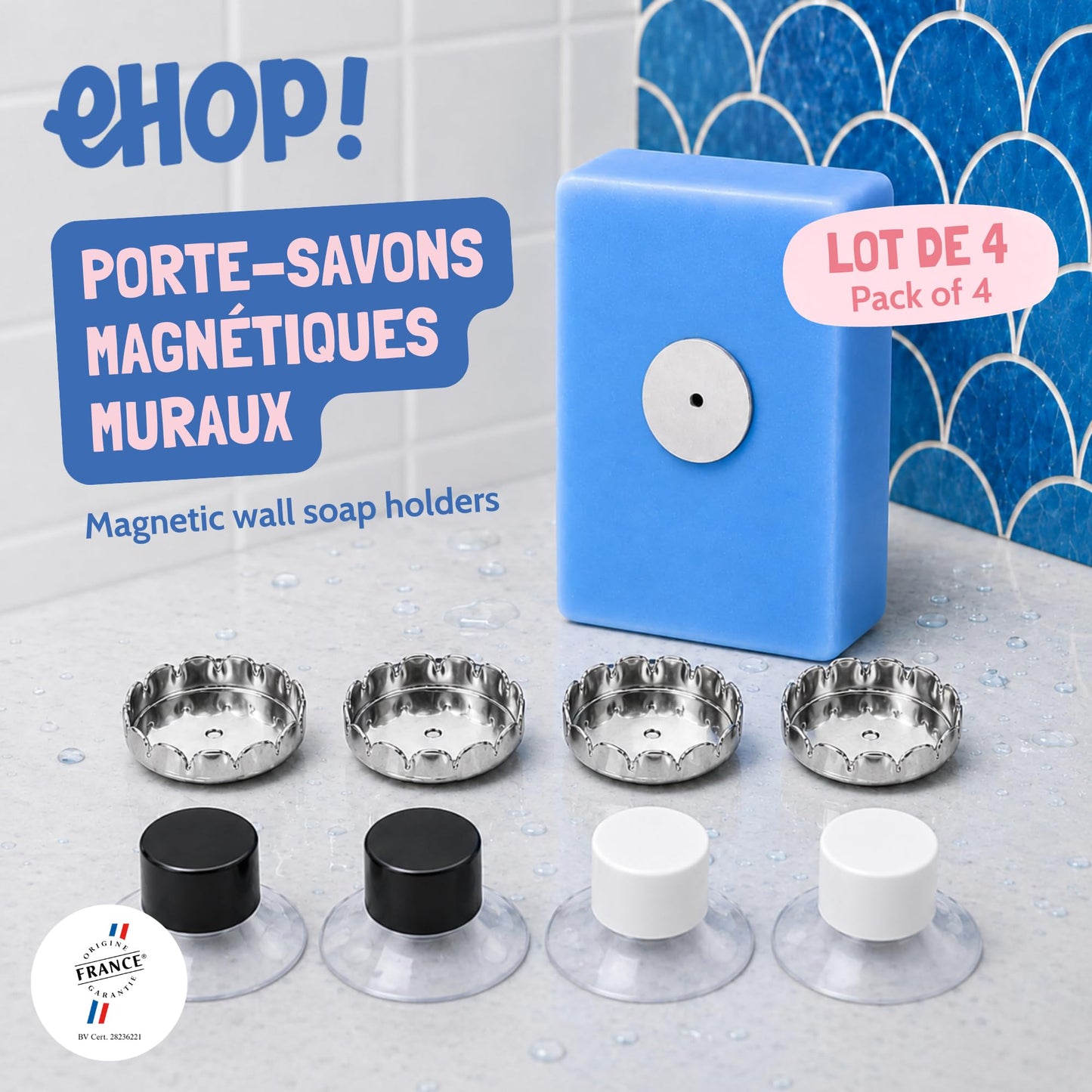 EHOP Set of 4 Magnetic Wall Soap Dishes Made in France – Magnetic Soap Dish without Drilling, Wall Mount Suction Cup, Bathroom Organizer for Bathroom