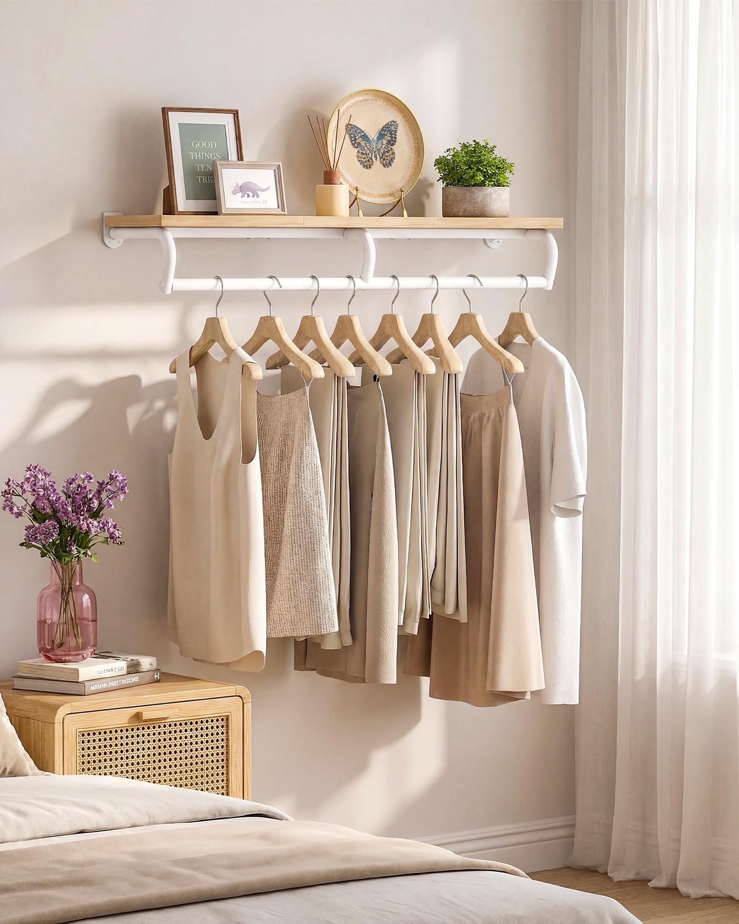 CHOEZON Wall Mounted Clothes Rack, Metal Garment Rack with Top Shelf, 110 cm Laundry Storage Shelf with Hanging Rod, for Laundry Room, Bedroom