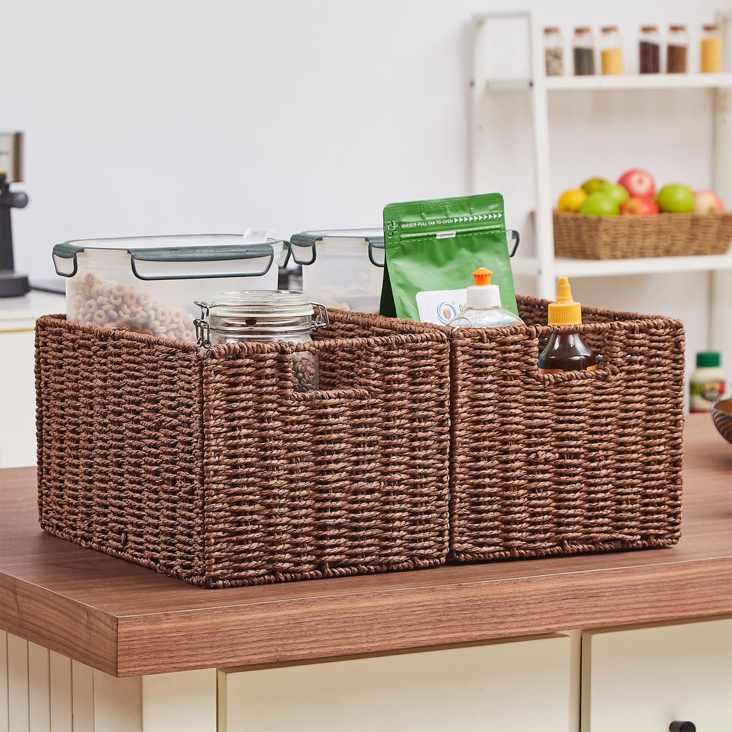 Vagusicc Wicker Storage Basket, Set of 2 Handwoven Storage Baskets for Shelves, Collapsible Storage Box Organiser Shelf Hamper Gift Basket for
