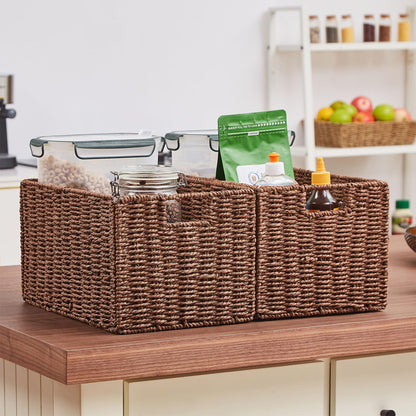 Vagusicc Wicker Storage Basket, Set of 2 Handwoven Storage Baskets for Shelves, Collapsible Storage Box Organiser Shelf Hamper Gift Basket for