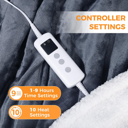 PROALLER Heated Blanket Electric Throw 160x130CM, 10 Levels &1-9H Timer Auto-Off, Machine Washable, Soft Flannel Sherpa Full Body Warming, Sofa Bed