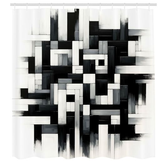 ABAKUHAUS Black and White Shower Curtain, Maze Squares Sketch, Cloth Fabric Bathroom Decor Set with Hooks, 175 x 200 cm, Lime Green Purple