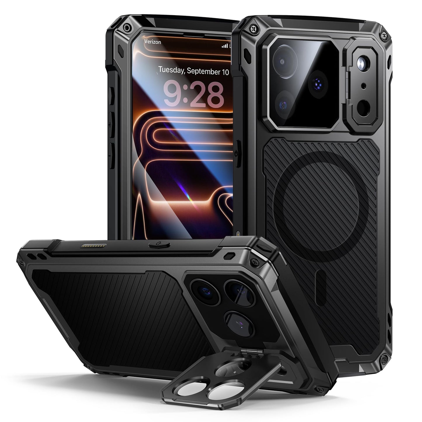 Lanhiem for iPhone 17 Pro Max Metal Case with Kickstand, Compatible with MagSafe, Built in Tempered Glass Screen Protector, Heavy Duty Shockproof