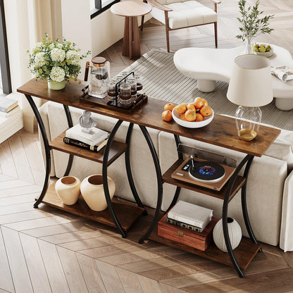 Trironsun Rustic Narrow Console Table with 3 Tiers, Slim Hallway Table with Curved Metal Frame and Open Shelves
