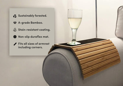 En Route Bamboo Arm Tray Table | Foldable Couch Armrest Tray with Non-Slip Mat for Drinks, Snacks, Phone & Remote | Flexible