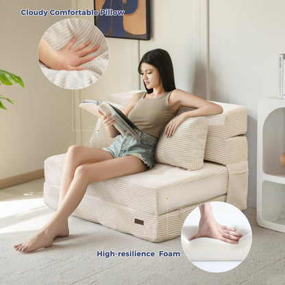 MAXYOYO Folding Foam Sofa Bed, Tri-Fold Mattress with 2 Pillows, Convertible Sofa Chair Futon Z Bed with 15cm Thincken Foam