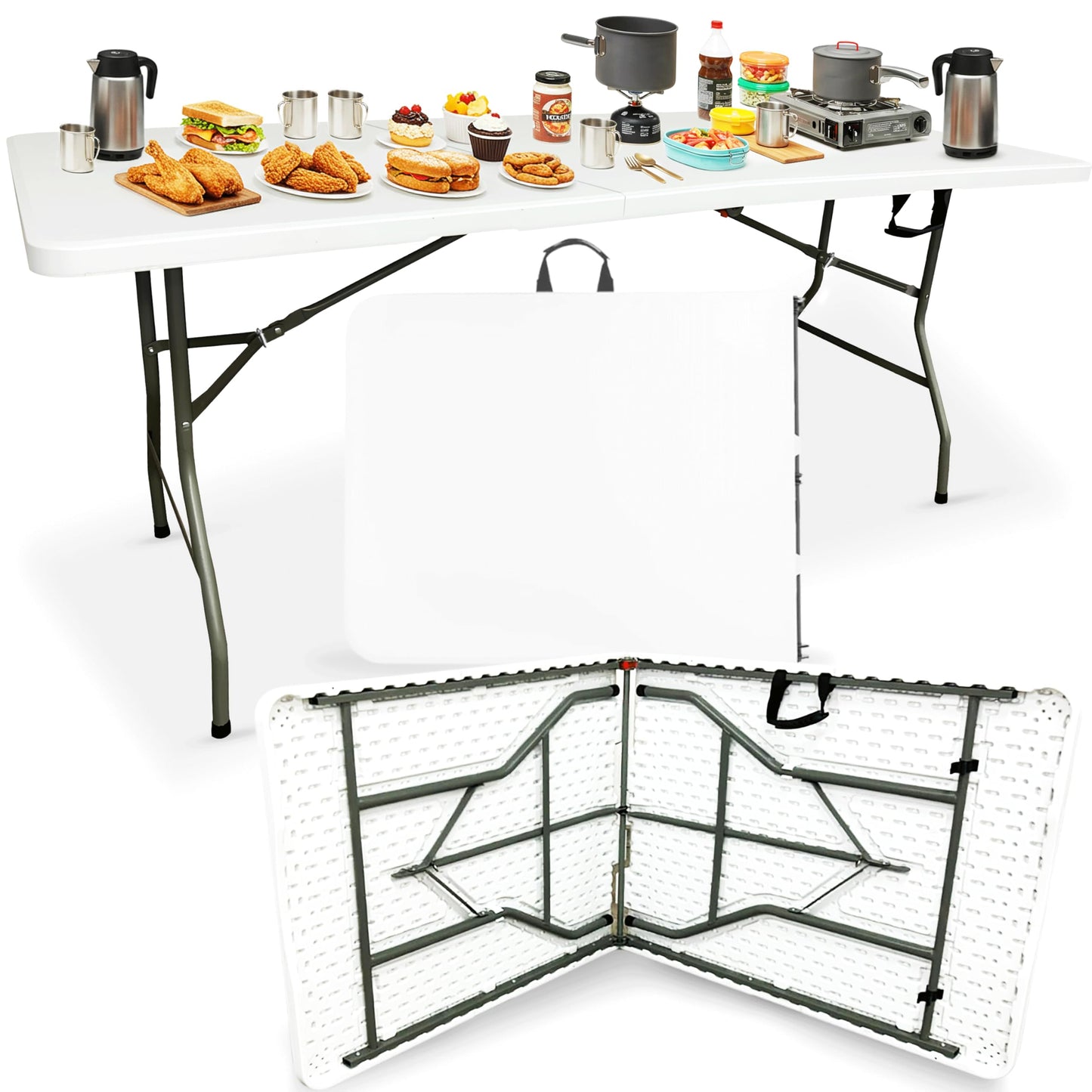 6ft Heavy Duty Folding Table - Fold in Half with Carry Handle - Portable Indoor Outdoor for Garden, BBQ, Car Boot Sale, Camping, Pasting, Party