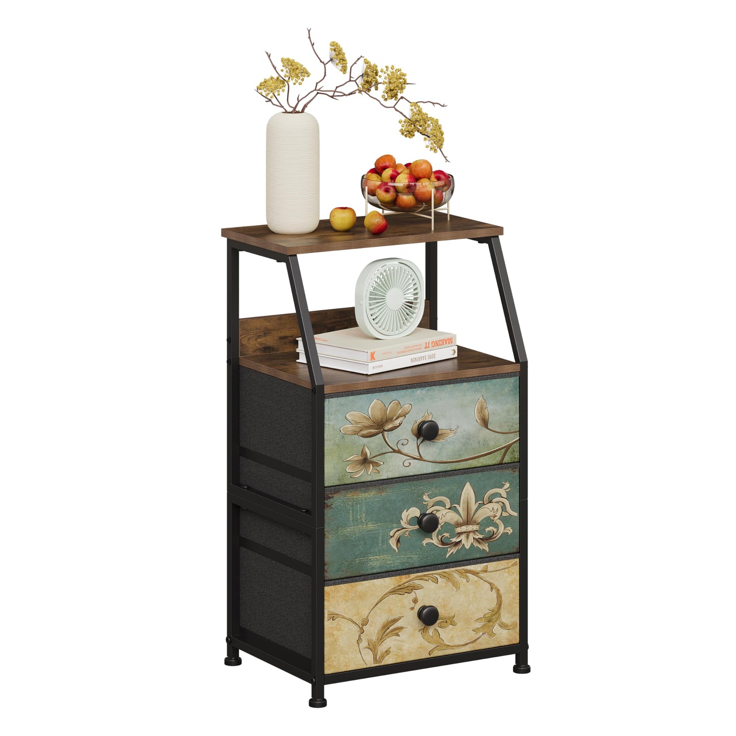 VEDECASA Chest of Drawers Bedroom Furniture with 3 Drawers Bedside Table Fabric Storage Organizer Unit for Living Room Bedroom Sofa Couch Closet Wood