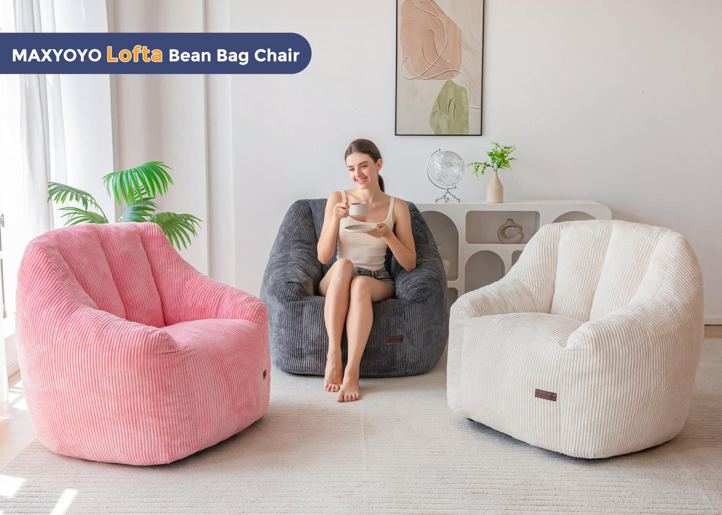 MAXYOYO Bean Bag Chair for Adults or Children, Soft Floor Single with Filling, Comfy Bean Bag Sofa with Back Support, Accent Chair
