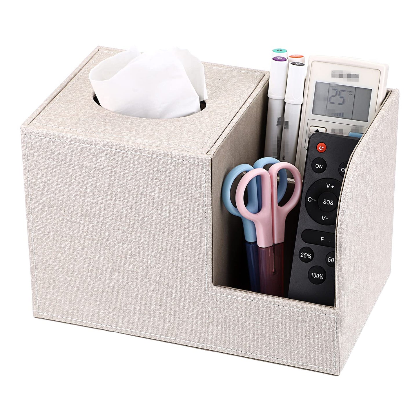 BTSKY Linen Beige Square Tissue Box Cover With Two Side Storage Pockets For Remote Control Vanity Makeup Cosmetics Pen Pencil - Tabletop Cube Tissue