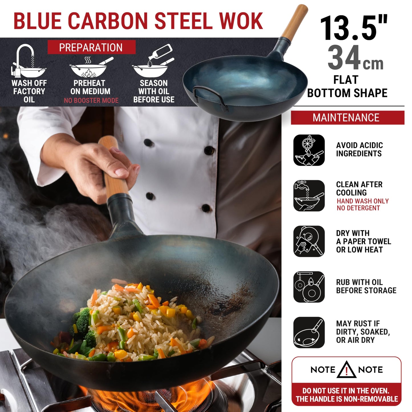 YOSUKATA Flat Bottom Wok Pan - 34 cm Pre-Seasoned Blue Carbon Steel Wok - Traditional Japanese Cookware for Electric Induction Ceramic Gas Cooktops