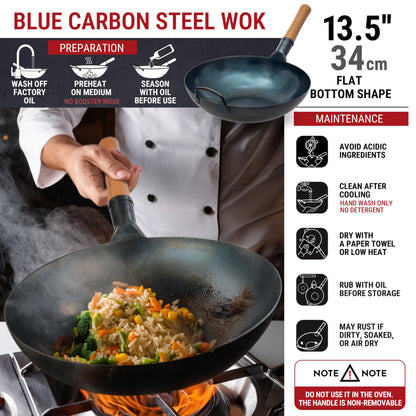 YOSUKATA Flat Bottom Wok Pan - 34 cm Pre-Seasoned Blue Carbon Steel Wok - Traditional Japanese Cookware for Electric Induction Ceramic Gas Cooktops