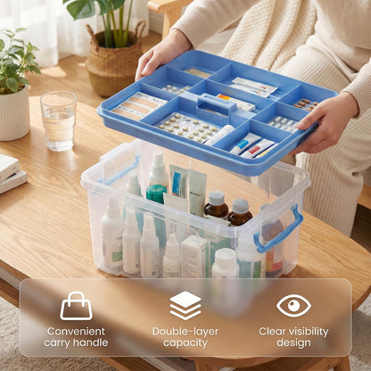 Stidyzo Medicine Storage Box, 2-Layer Medicine Organiser with Lid, Blue