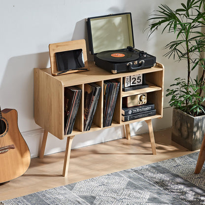 LELELINKY Record Player Stand, 4 Compartments, Holds Up to 220 Records