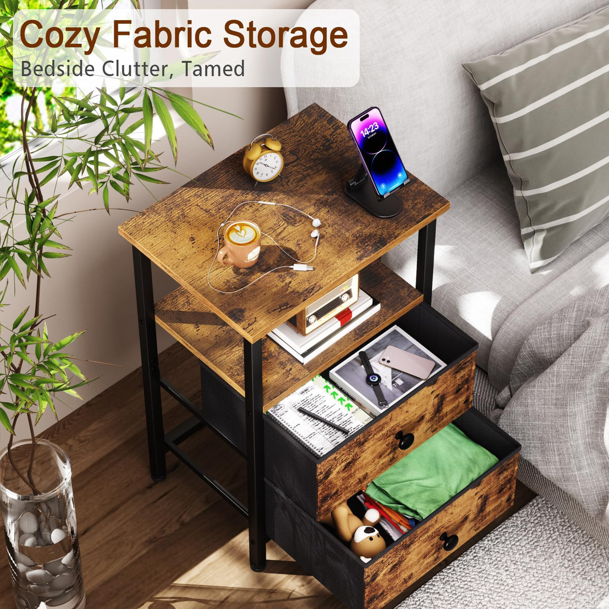 LOAKEKEL Bedside Table, Side Tables Set of 2 with 2 Fabric Drawers