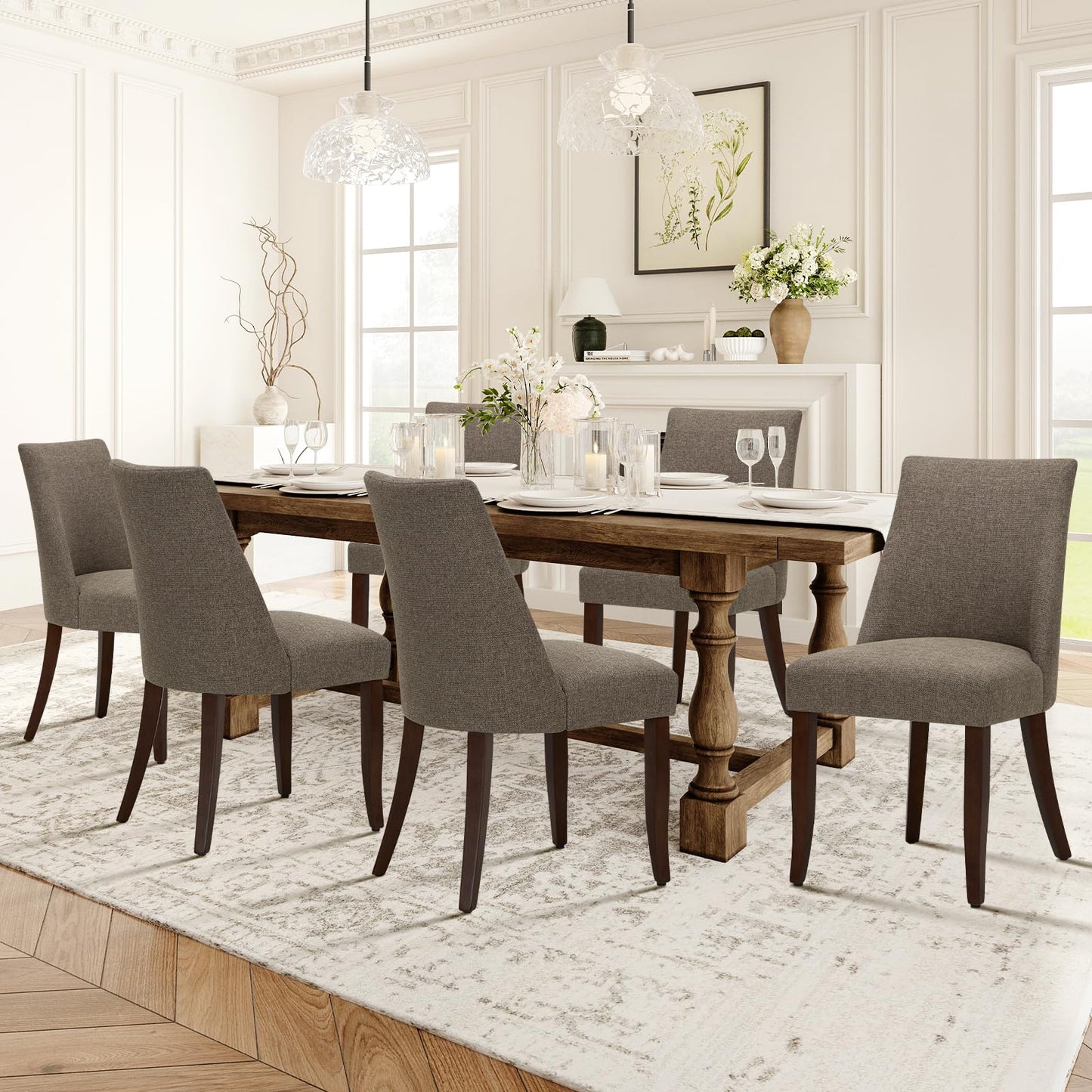 COLAMY Upholstered Dining Chairs Set of 6, Linen Fabric Parsons Dining Room Chairs with Curved Backrest, Solid Rubber Wood Legs